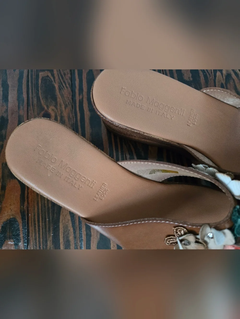 Fabio Maggenti Italy Floral Leather Wedge Thong Sandals Size 9.5 Brown 2